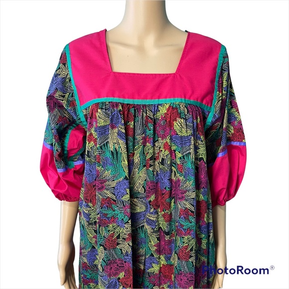 COPY - Vintage 80s Krist Gudnason Dress MuuMuu House Kaftan Pink Pockets M/L - Picture 2 of 6